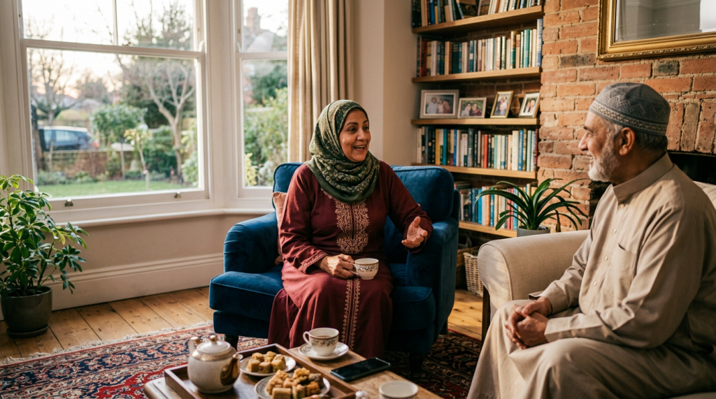 Elderly couple having tea and conversation in a warm living room