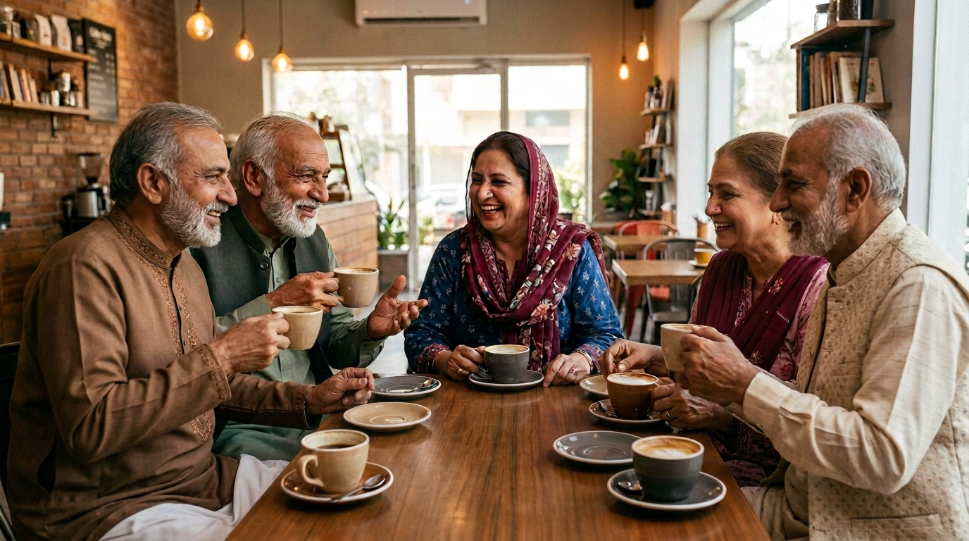 Six adults laughing together over coffee and pastries in a café