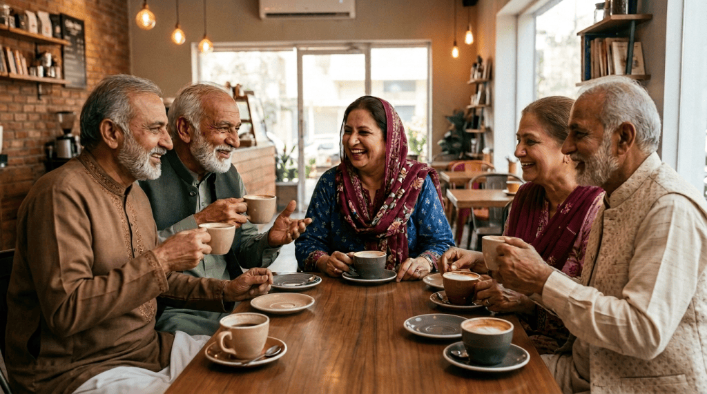 Six adults laughing together over coffee and pastries in a café