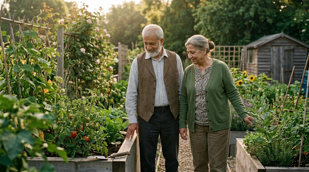 Gardener standing among vegetable beds beside a garden shed